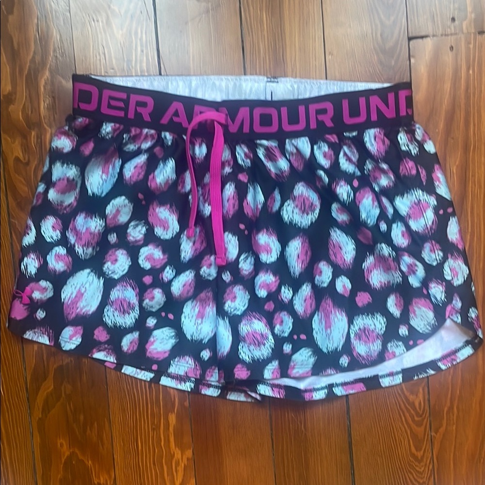 Girls Large Under Armour Black, Purple and Blue Print Shorts